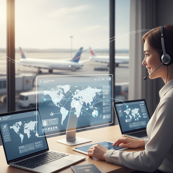 Woman with headset and laptop
